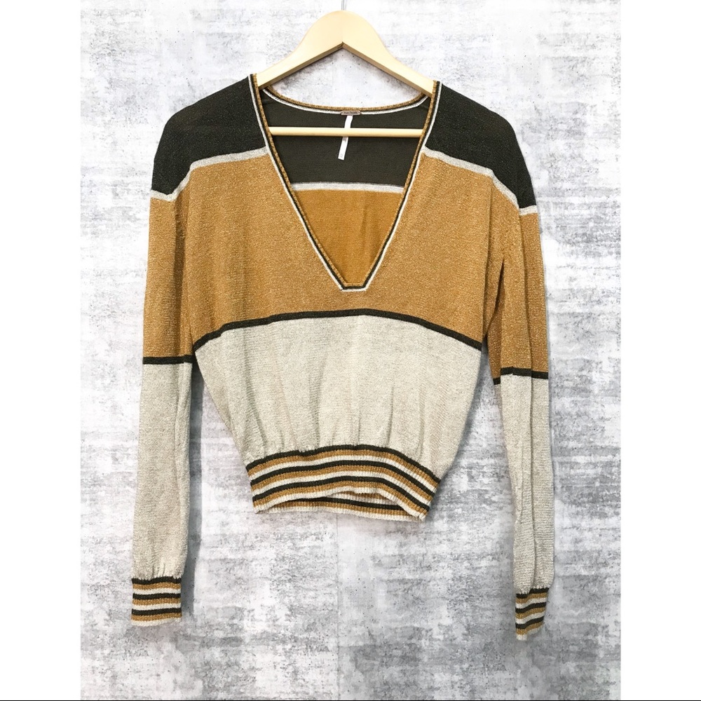 Free People Striped V-Neck Sweater in Mustard, Cream & Black